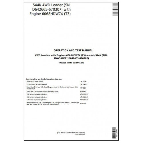TM12098 John Deere 544K 4WD Loader Pdf Diagnostic, Operation and Test Service Manual
