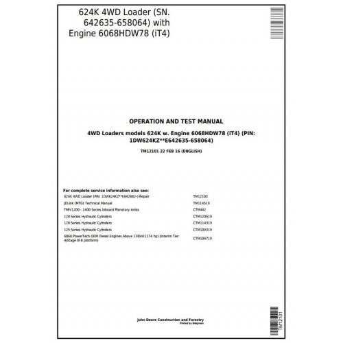 TM12101 John Deere 624K 4WD Loader Pdf Diagnostic, Operation and Test Service Manual