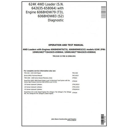 TM12102 John Deere 624K 4WD Loader Pdf Diagnostic, Operation and Test Service Manual
