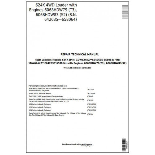 TM12104 John Deere 624K 4WD Loader Pdf Repair Service Technical Manual