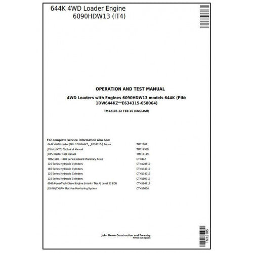 TM12105 John Deere 644K 4WD Loader Pdf Diagnostic, Operation and Test Service Manual