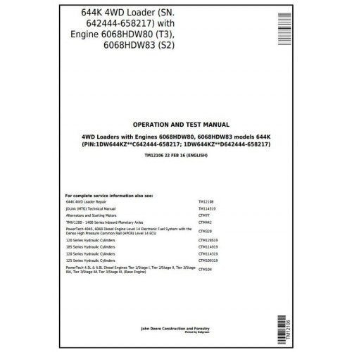TM12106 John Deere 644K 4WD Loader Pdf Diagnostic, Operation and Test Service Manual