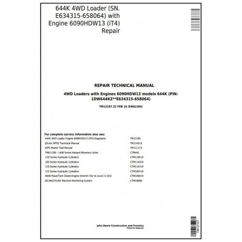 TM12107 John Deere 644K 4WD Loader Pdf Repair Service Technical Manual