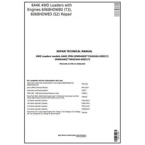 TM12108 John Deere 644K Loader Pdf Repair Service Technical Manual