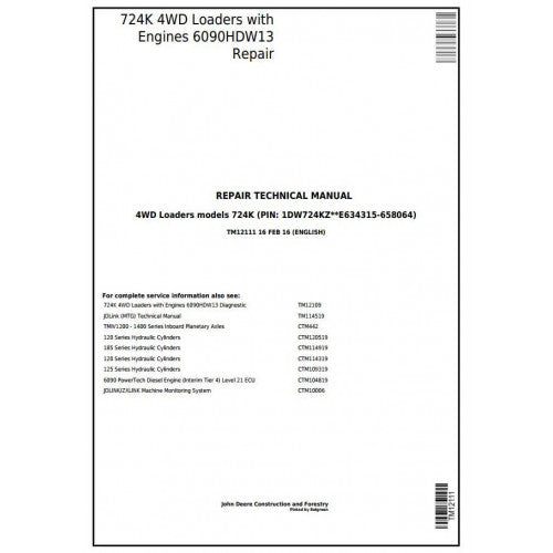 TM12111 John Deere 724K Loader Pdf Repair Service Technical Manual