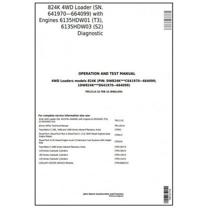 TM12114 John Deere 824K 4WD Loader Pdf Diagnostic, Operation and Test Service Manual