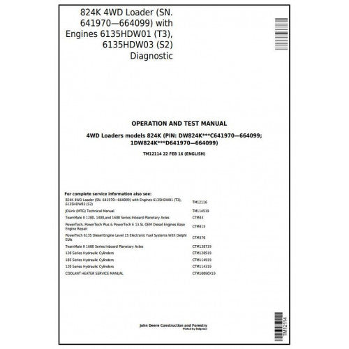 TM12114 John Deere 824K 4WD Loader Pdf Diagnostic, Operation and Test Service Manual