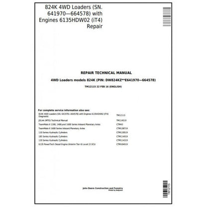 TM12115 John Deere 824K 4WD Loader Pdf Repair Service Technical Manual