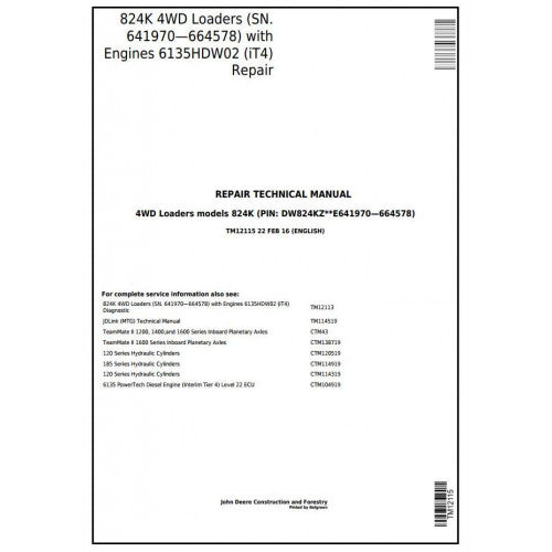 TM12115 John Deere 824K 4WD Loader Pdf Repair Service Technical Manual