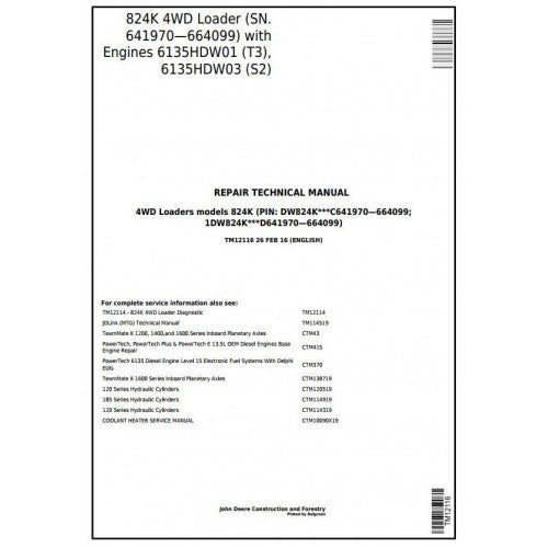TM12116 John Deere 824K 4WD Loader Pdf Repair Service Technical Manual