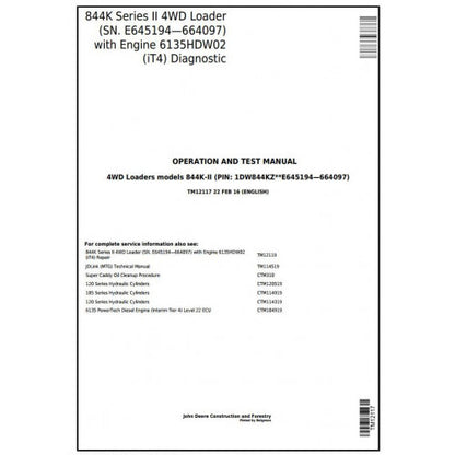 TM12117 John Deere 844K 4WD Loader Pdf Diagnostic, Operation and Test Service Manual