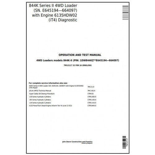 TM12117 John Deere 844K 4WD Loader Pdf Diagnostic, Operation and Test Service Manual