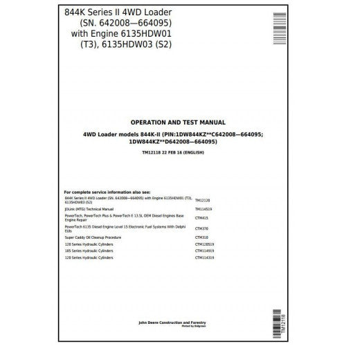 TM12118 John Deere 844K 4WD Loader Pdf Diagnostic, Operation and Test Service Manual
