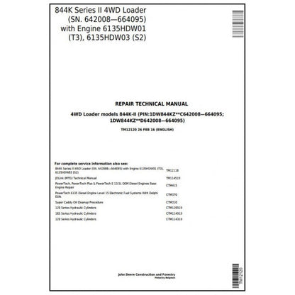 Technical manual cover for John Deere 844K Series II 4WD Loader with engine details.