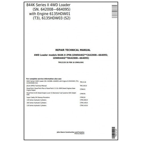 Technical manual cover for John Deere 844K Series II 4WD Loader with engine details.