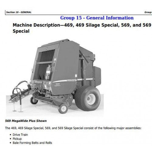 TM121219 John Deere 469s, 569s Silage Special; 469, 569 Round Balers All Inclusive Pdf Technical Service Manual