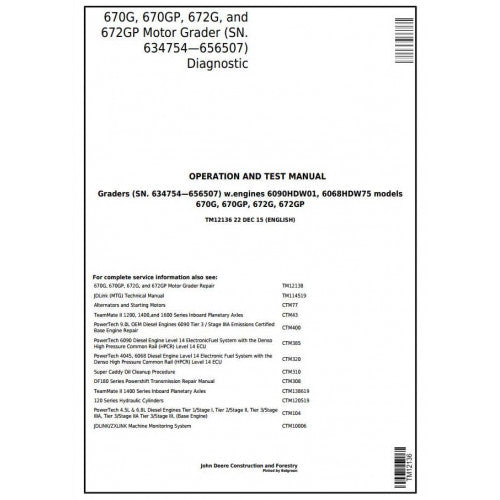 TM12136 John Deere 670G, 670GP, 672G, 672GP Motor Grader Pdf Diagnostic, Operation and Test Service Manual