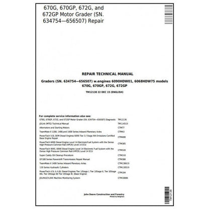 TM12138 John Deere 670G, 670GP, 672G, 672GP Motor Grader Pdf Repair Service Technical Manual
