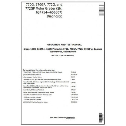 TM12140 John Deere 770G, 770GP, 772G, 772GP Motor Grader Pdf Diagnostic, Operation and Test Service Manual