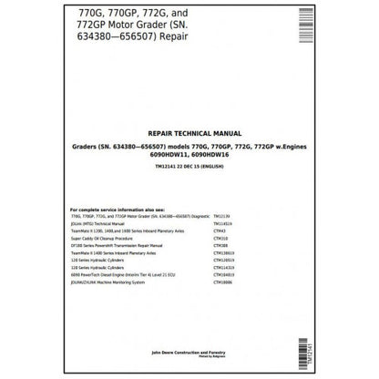TM12141 John Deere 770G, 770GP, 772G, 772GP Motor Grader Pdf Repair Service Technical Manual