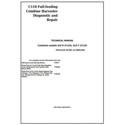 TM121419 John Deere 4LZ-7, 4LZ-9 (C110) Combine Pdf Technical Service Manual