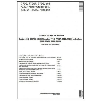 TM12142 John Deere 770G, 770GP, 772G, 772GP Motor Grader Pdf Repair Service Technical Manual