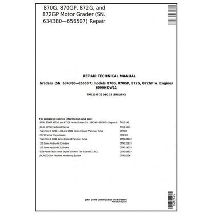 TM12145 John Deere 870G, 870GP, 872G, 872GP Motor Grader Pdf Repair Service Technical Manual