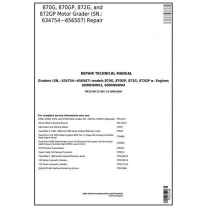 TM12146 John Deere 870G, 870GP, 872G, 872GP Motor Grader Pdf Repair Service Technical Manual