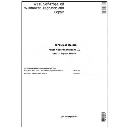 TM121719 John Deere W110 Self-Propelled Hay & Forage Windrowers Pdf Technical Service Manual