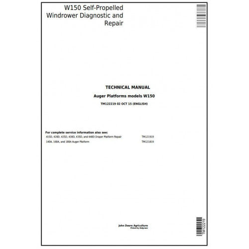 TM122219 John Deere W150 Self-Propelled Hay & Forage Windrower Pdf Technical Service Manual
