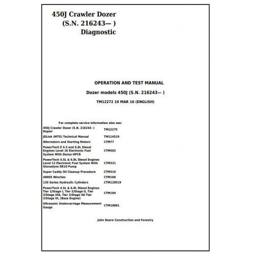 TM12272 John Deere 450J Crawler Dozer Pdf Diagnostic, Operation and Test Service Manual
