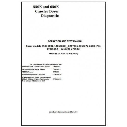 TM12288 John Deere 550K, 650K Crawler Dozer Pdf Diagnostic, Operation and Test Service Manual