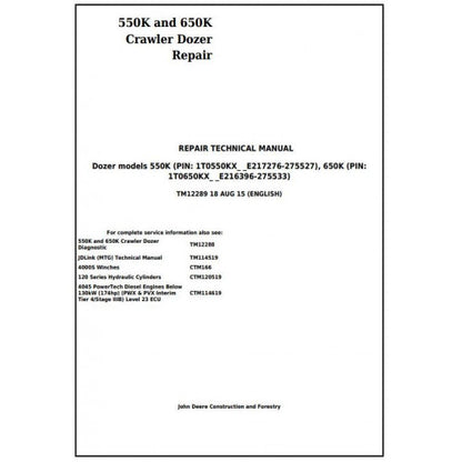 TM12289 John Deere 550K and 650K Crawler Dozer Pdf Repair Service Technical Manual