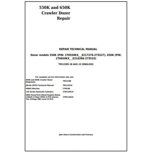 TM12289 John Deere 550K and 650K Crawler Dozer Pdf Repair Service Technical Manual