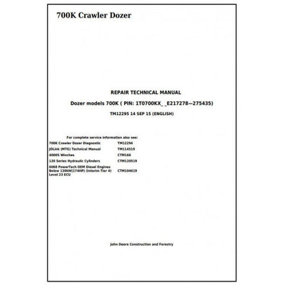 TM12295 John Deere 700K Crawler Dozer Pdf Repair Service Technical Manual