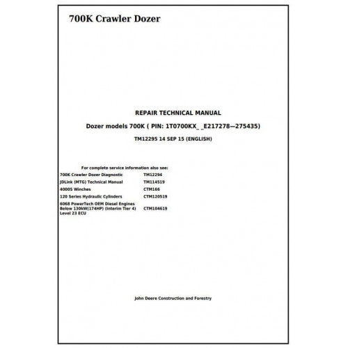 TM12295 John Deere 700K Crawler Dozer Pdf Repair Service Technical Manual