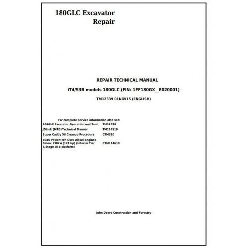 TM12339 John Deere 180GLC iT4/S3B Excavator Pdf Repair Service Technical Manual