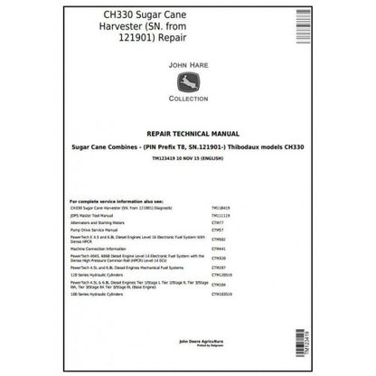 TM123419 John Deere / Thibodaux CH330 Sugar Cane Harvester Pdf Technical Service Manual