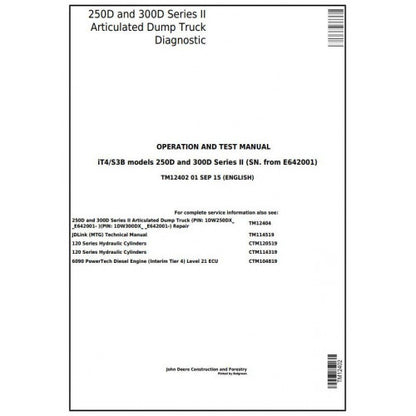 TM12402 John Deere 250D, 300D Articulated Dump Truck Pdf Operation and Tests Manual