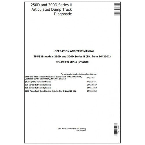 TM12402 John Deere 250D, 300D Articulated Dump Truck Pdf Operation and Tests Manual