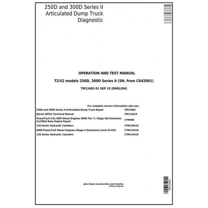 TM12403 John Deere 250D, 300D Dump Truck Pdf Operation and Tests Manual