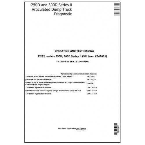 TM12403 John Deere 250D, 300D Dump Truck Pdf Operation and Tests Manual