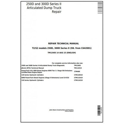 TM12405 John Deere 250D, 300D Articulated Dump Truck Pdf Technical Service Manual