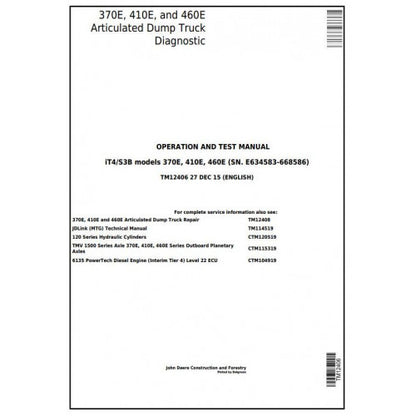 TM12406 John Deere 370E, 410E, 460E Articulated Dump Truck Pdf Operation and Tests Manual