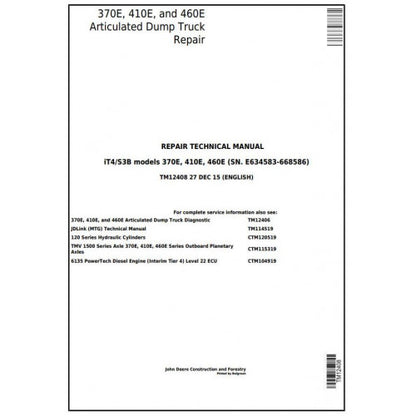 TM12408 John Deere 370E, 410E, 460E Articulated Dump Truck Pdf Repair Service Technical Manual