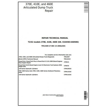 TM12409 John Deere 370E, 410E, 460E Articulated Dump Truck  Pdf Repair Service Technical Manual