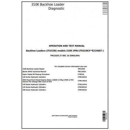 TM12435 John Deere 310K Backhoe Loader Pdf Diagnostic, Operation and Test Service Manual