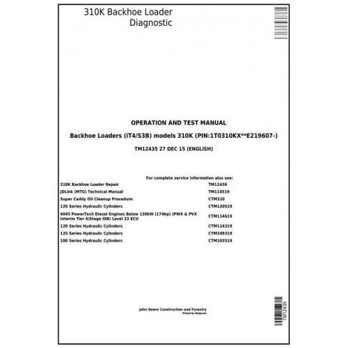TM12435 John Deere 310K Backhoe Loader Pdf Diagnostic, Operation and Test Service Manual