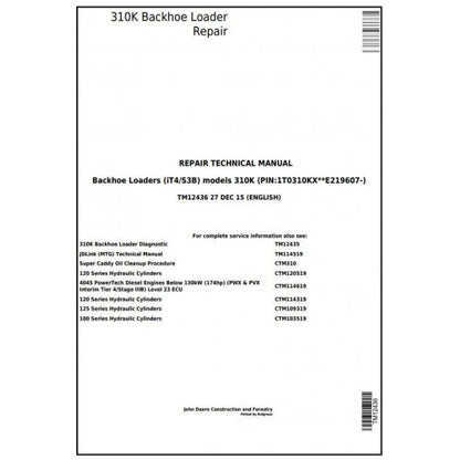 TM12436 John Deere 310K (iT4/S3B) Backhoe Loader Pdf Repair Service Technical Manual