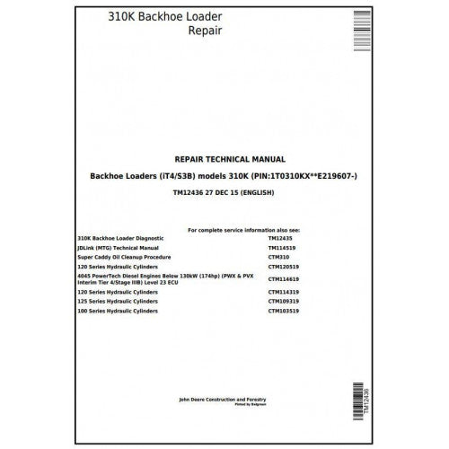 TM12436 John Deere 310K (iT4/S3B) Backhoe Loader Pdf Repair Service Technical Manual